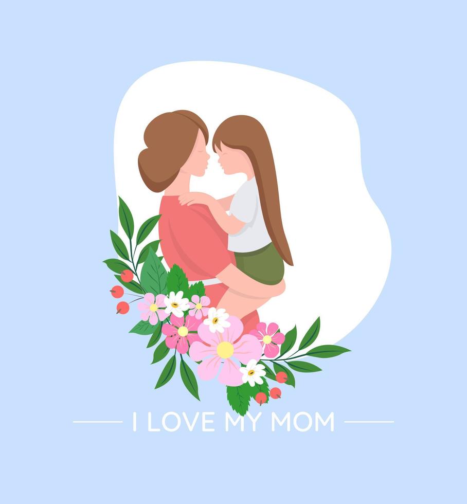 mor och son. mor s dag kort, bakgrund. mor och son med blommor vektor illustration. jag kärlek min mamma.