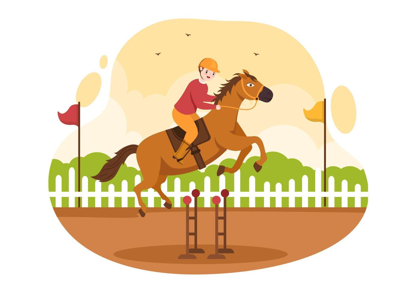 häst tävlings konkurrens i en tävlingsbana med ryttare prestanda sport och ryttare eller jockeys på platt tecknad serie hand dragen mallar illustration vektor