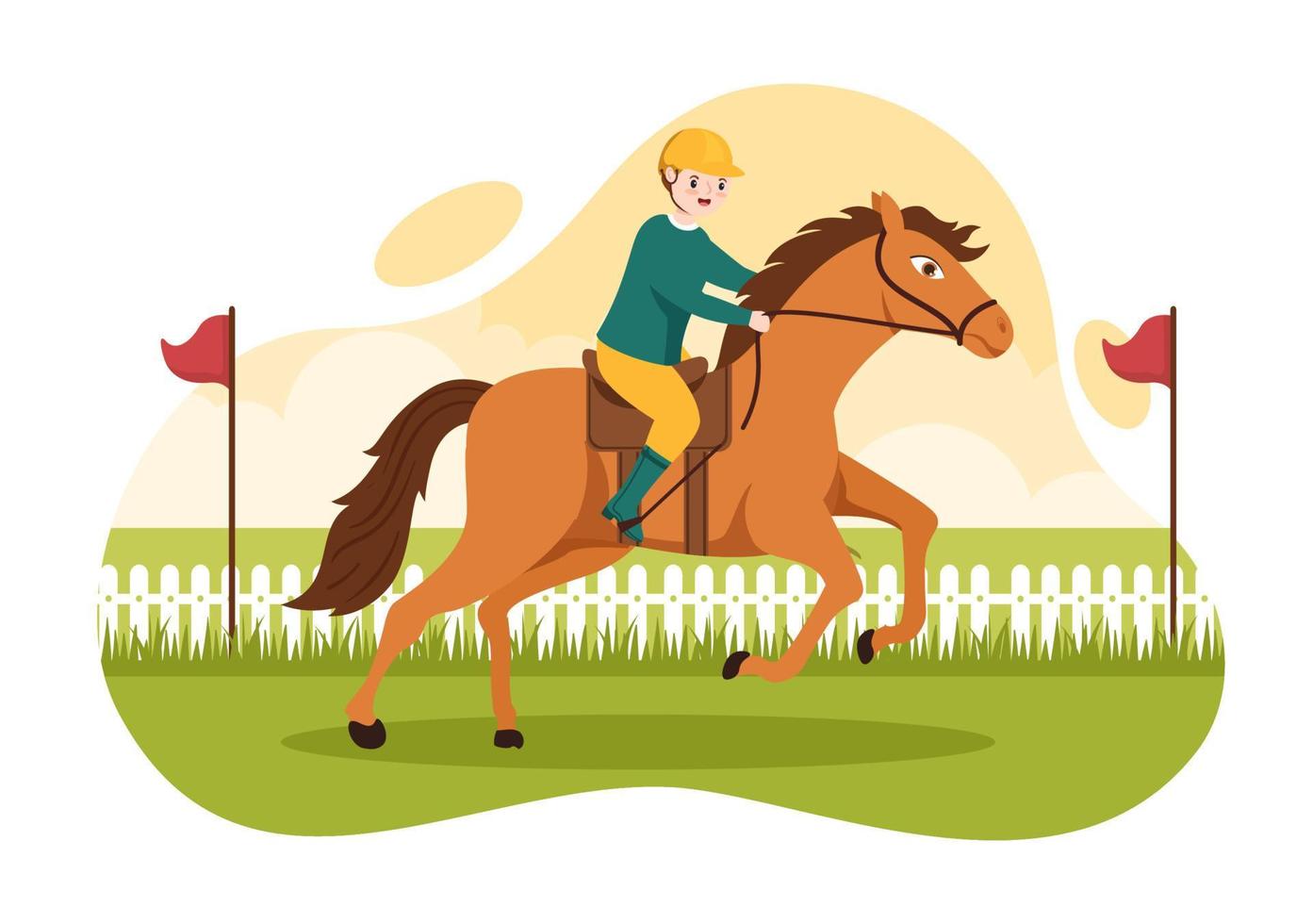 pferderennwettbewerb auf einer rennbahn mit pferdesport und reiter oder jockeys auf handgezeichneten vorlagenillustrationen der flachen karikatur vektor