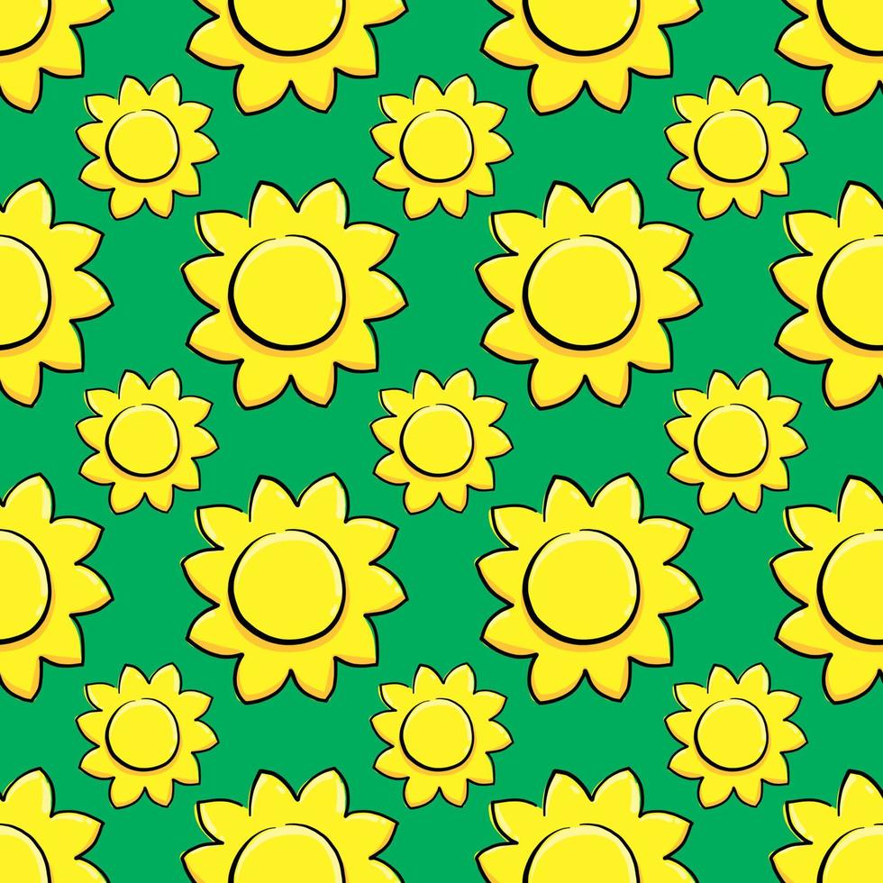 gelbe Sonnenblumen, nahtloses Muster auf grünem Hintergrund. vektor