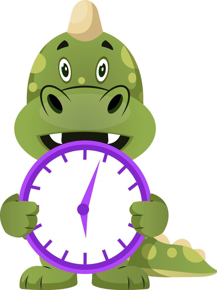 grüner drache hält uhr, illustration, vektor auf weißem hintergrund.