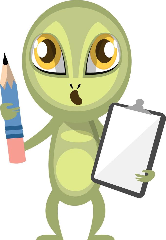 Alien mit Stift und Notizbuch, Illustration, Vektor auf weißem Hintergrund.