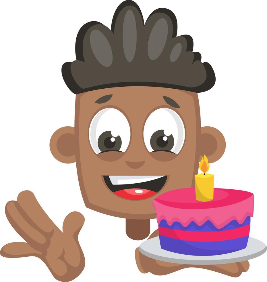 pojke med födelsedag kaka, illustration, vektor på vit bakgrund.
