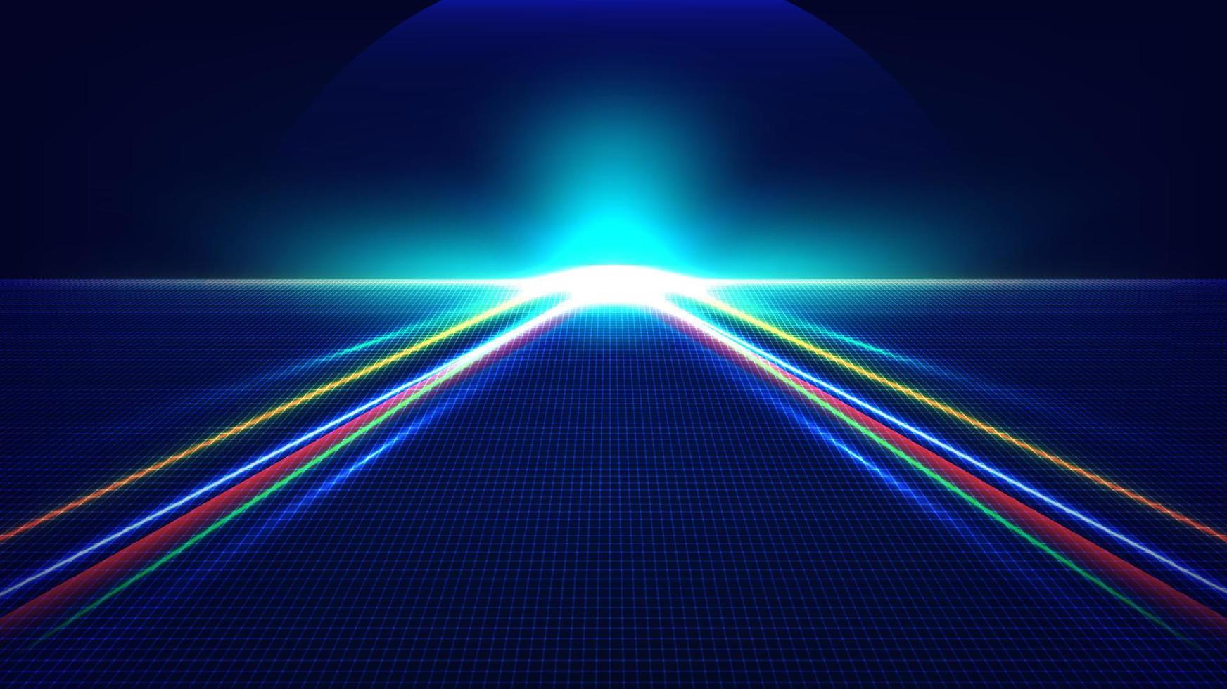 abstrakte technologie futuristisches konzept neonglühende beleuchtung pfeillinien weg licht platzen auf dunkelblauem gitterperspektivenhintergrund vektor