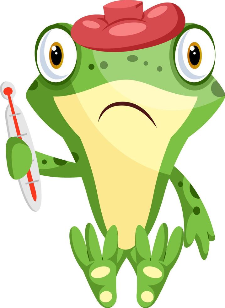 Trauriger kranker Frosch mit Thermometer, Illustration, Vektor auf weißem Hintergrund.