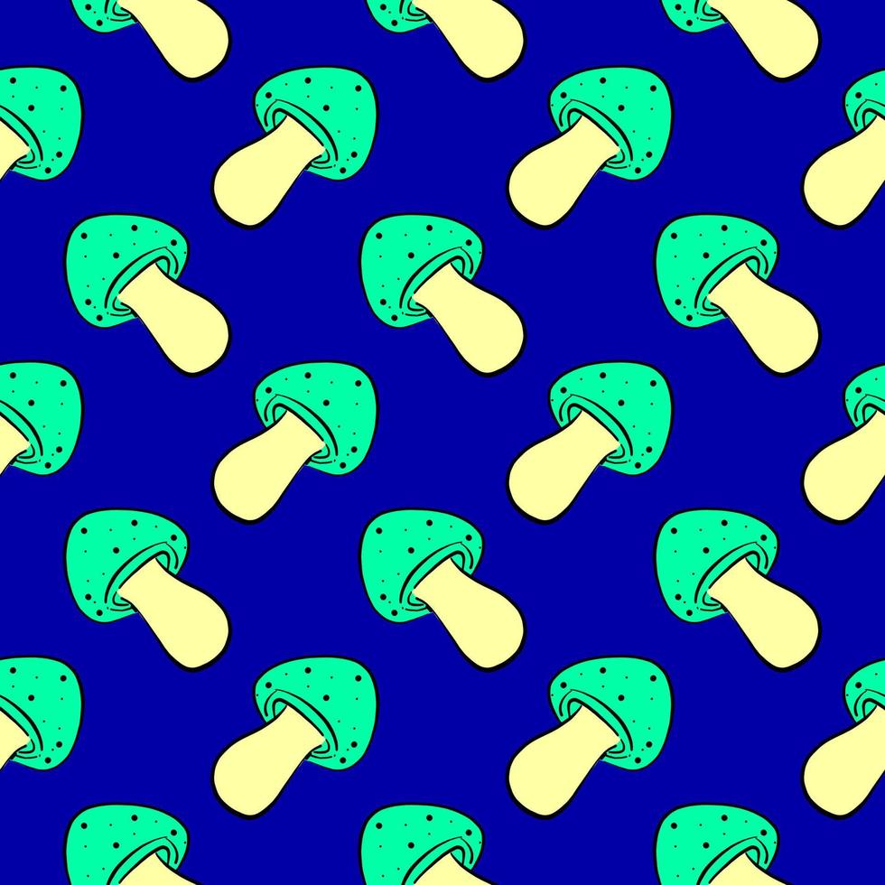 grüner Pilz, nahtloses Muster auf blauem Hintergrund. vektor