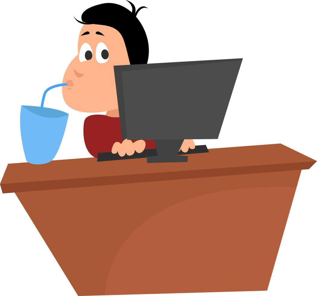 Mann arbeitet am Computer, Illustration, Vektor auf weißem Hintergrund