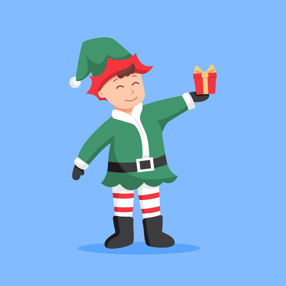 niedlicher kleiner elf mit weihnachtsgeschenkcharakter-designillustration vektor