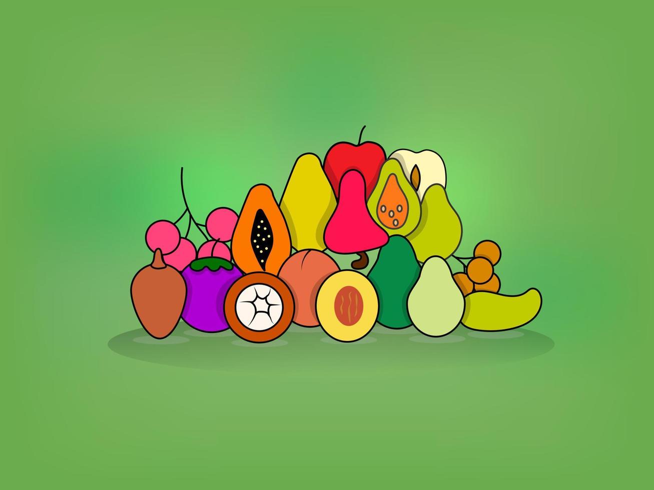 Reihe von verschiedenen Fruchtvektoren vor grünem Hintergrund. flaches Design von frischen und geschnittenen Früchten vektor