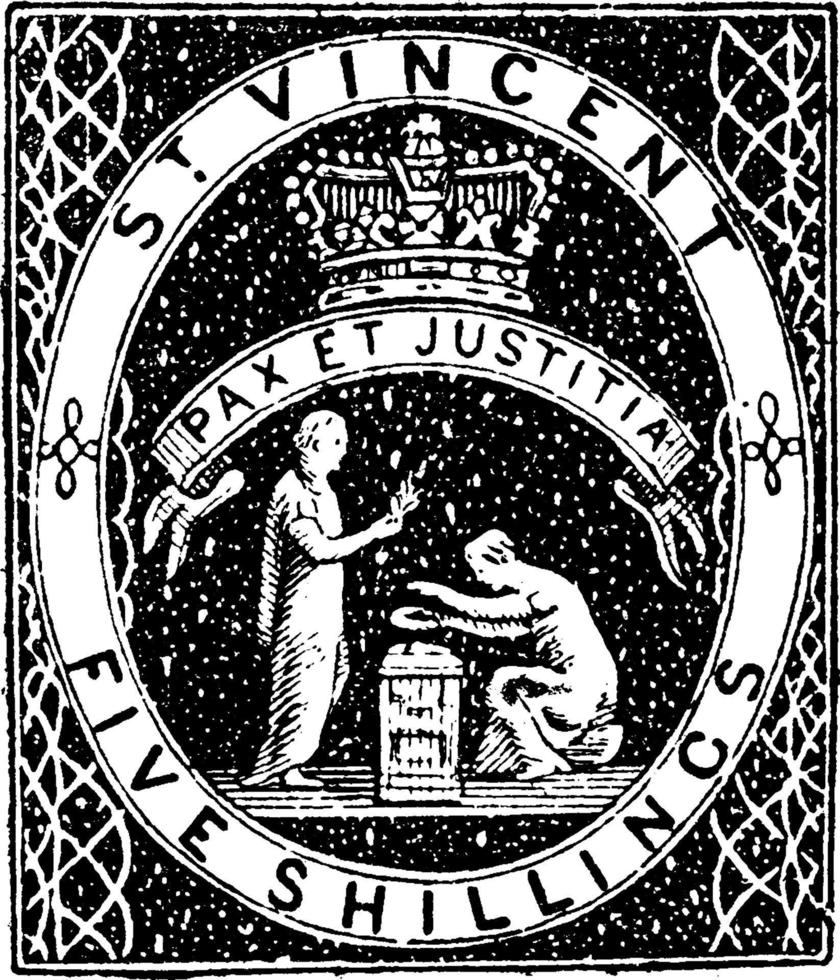 St. Vincent fünf Schilling Stempel von 1880 bis 1881, Vintage Illustration. vektor