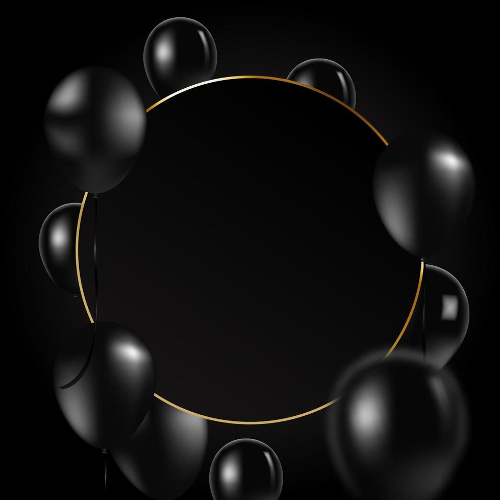 fliegende Ballons, schwarzer Rahmen mit luxuriöser goldener Linie auf schwarzem Hintergrund. aktion zum schwarzen freitag, feierliche eröffnung. banner und hintergrund, broschüren- und flyer-designkonzept. Vektor. vektor