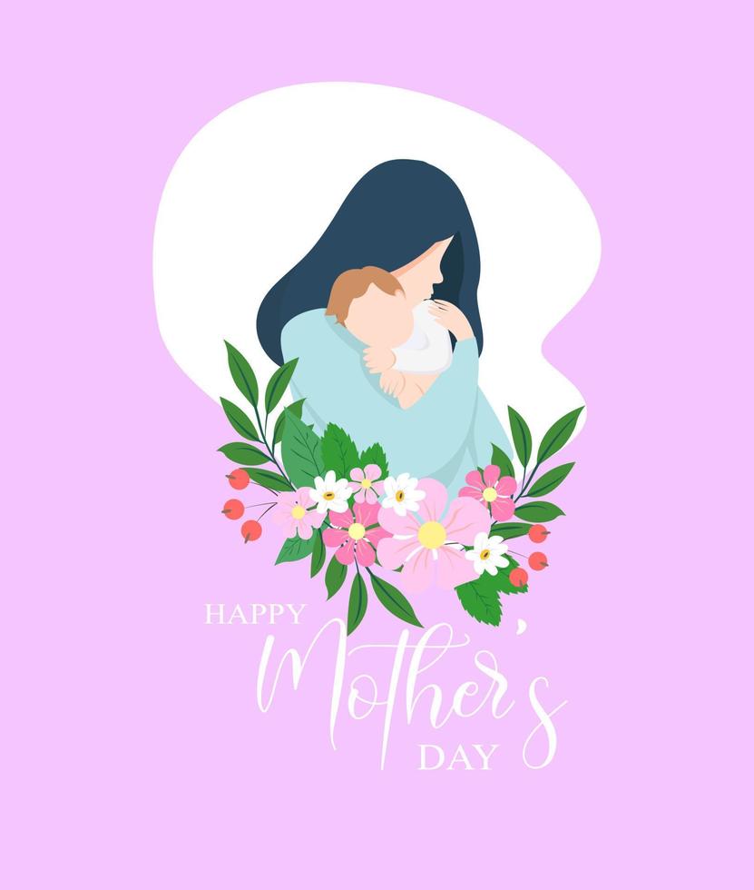 mor och son. mor s dag kort, bakgrund. mor och son med blommor vektor illustration. Lycklig mödrar dag.