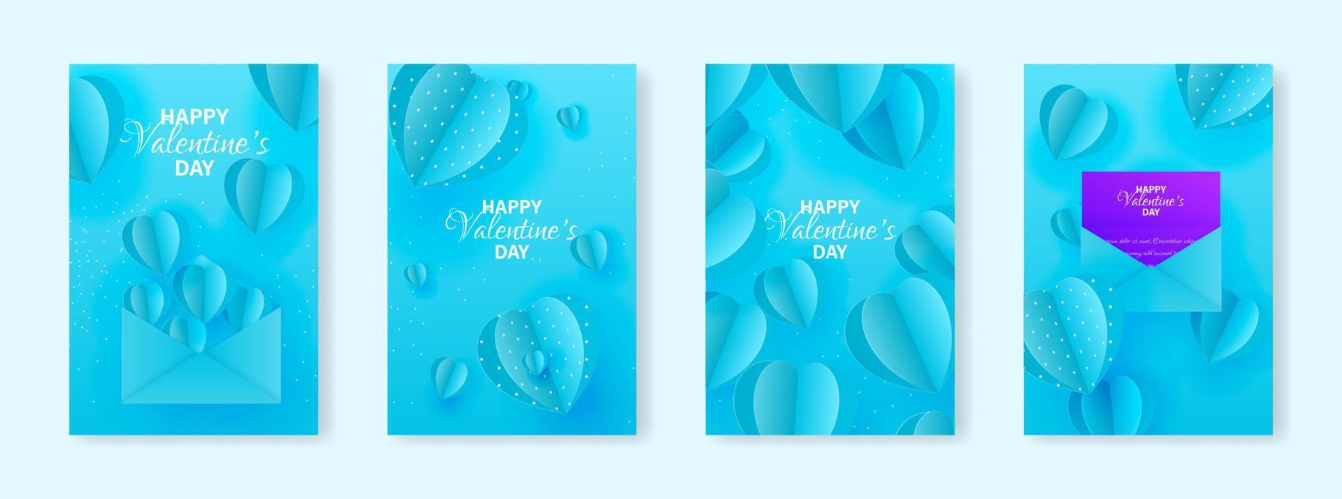 valentinstag-konzeptplakate gesetzt. Vektor-Illustration. 3D blaue Papierherzen mit Rahmen im Hintergrund. süße Liebesverkaufsbanner oder Grußkarten. vektor