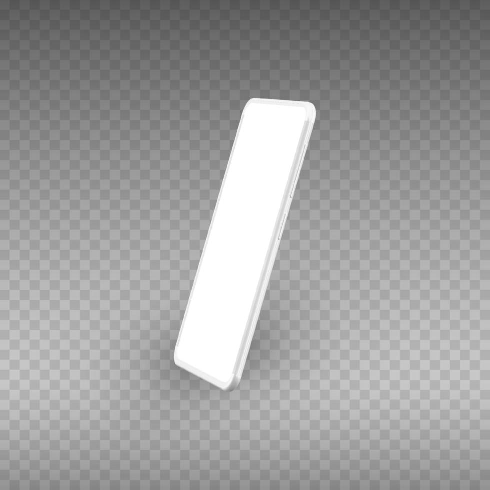 Perspektive realistisches weißes Smartphone-Modell mit leerem Bildschirm isoliert auf weißem Hintergrund. Vektor-Illustration. für Druck- und Webelemente, Spiel- und Anwendungsmodelle. vektor