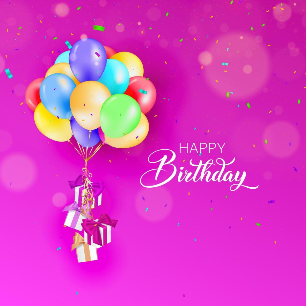 Lycklig födelsedag med färgrik ballonger, gåvor och konfetti. vektor illustration av Lycklig födelsedag affisch,