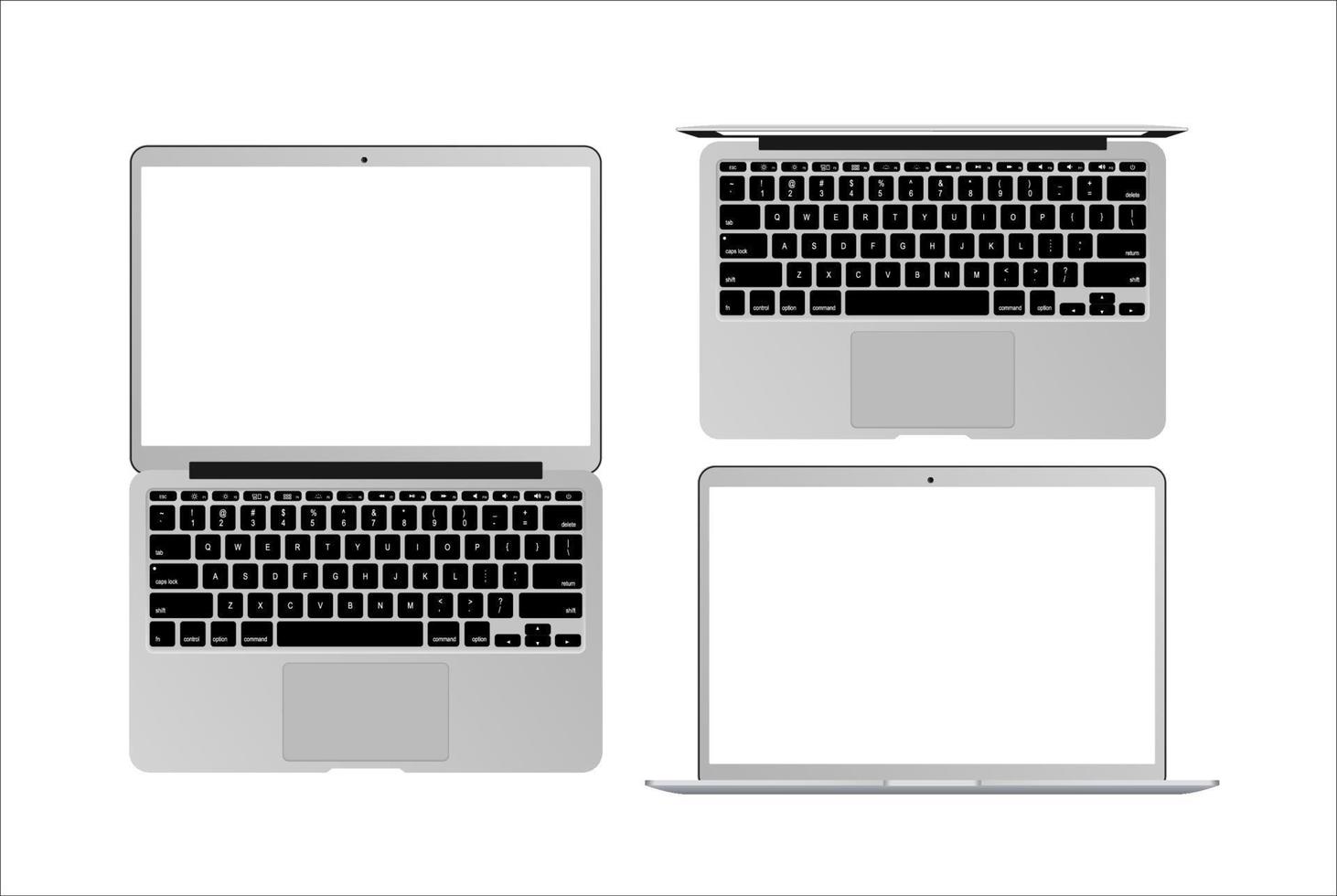 Reihe von Vektor-Laptops mit leerem Bildschirm isoliert auf weißem Hintergrund. Draufsicht und Vorderansicht mit leerem Bildschirm. Satz von Vektor-Notizbuch. vektor