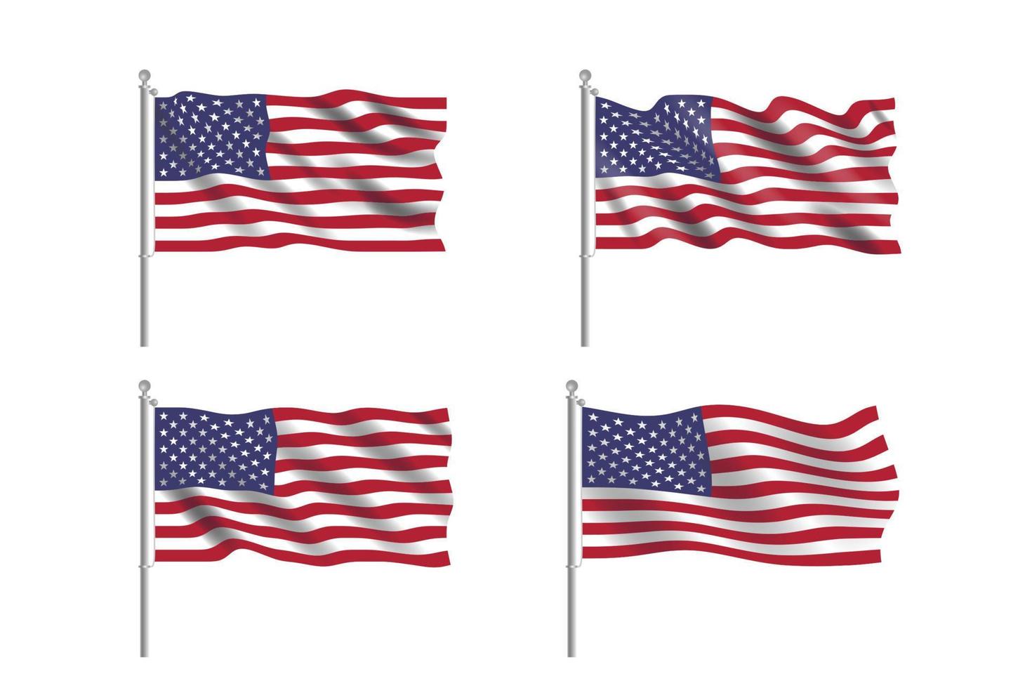 satz der usa-flagge. sammlung amerikanischer flaggen, die sich im wind im vektor bewegen.