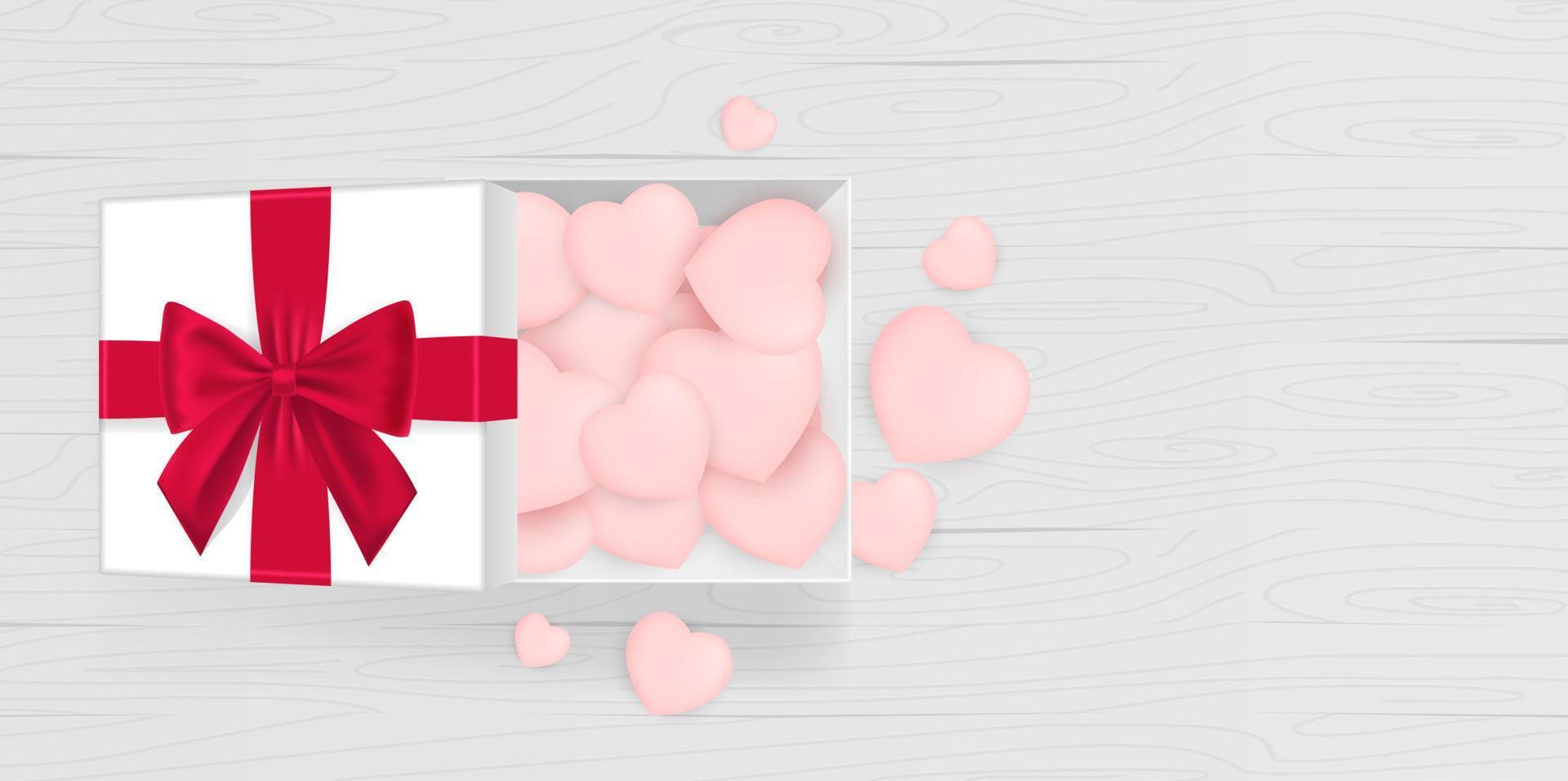 valentines dag isolerat gåva låda. hjärtan. 8 Mars. rosa hjärta röd band, vit låda med hjärtan för Semester. gåva låda med hjärta. kärlek är i de luft. vektor kärlek. kvinnor dag. överraskning.