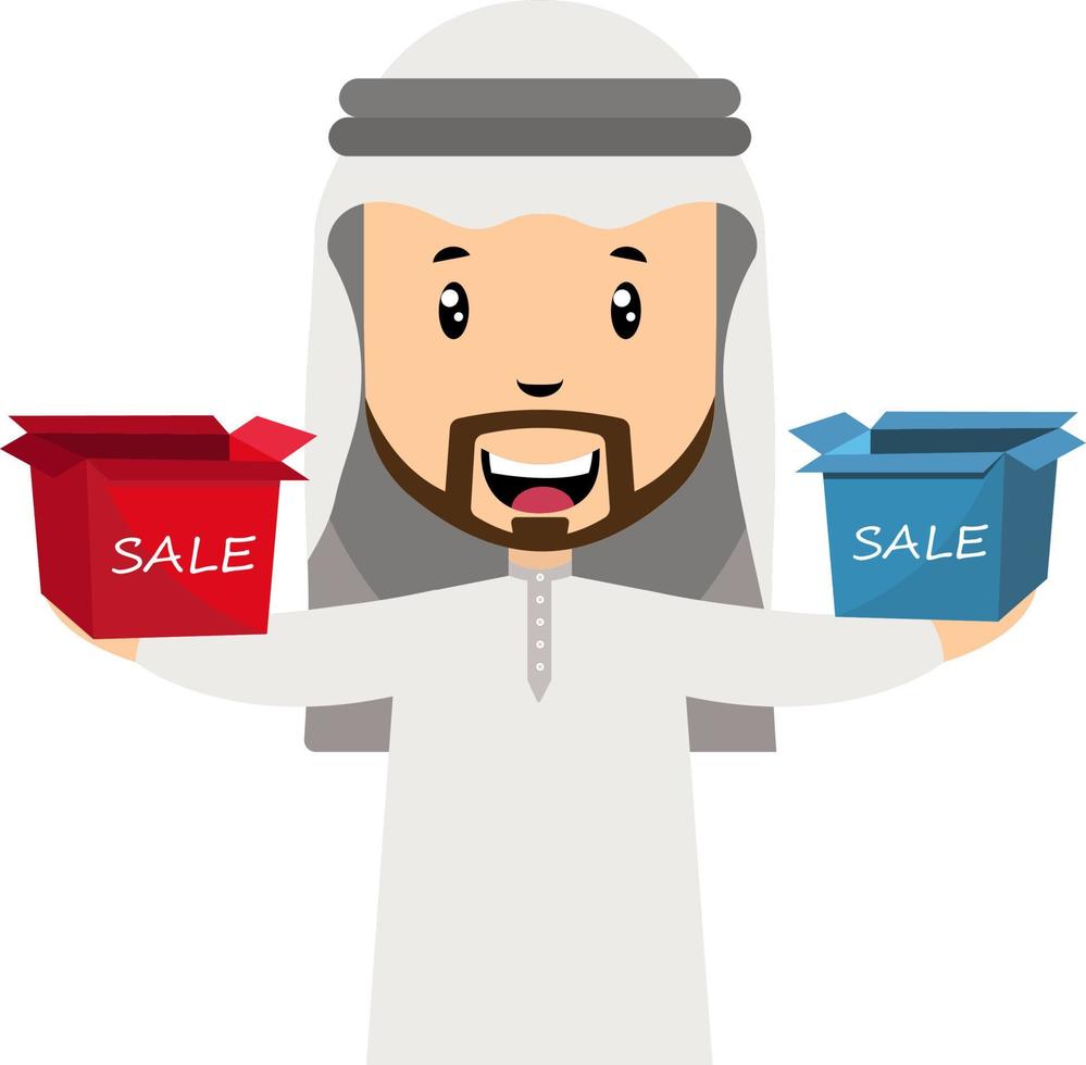 arab män med försäljning låda, illustration, vektor på vit bakgrund.