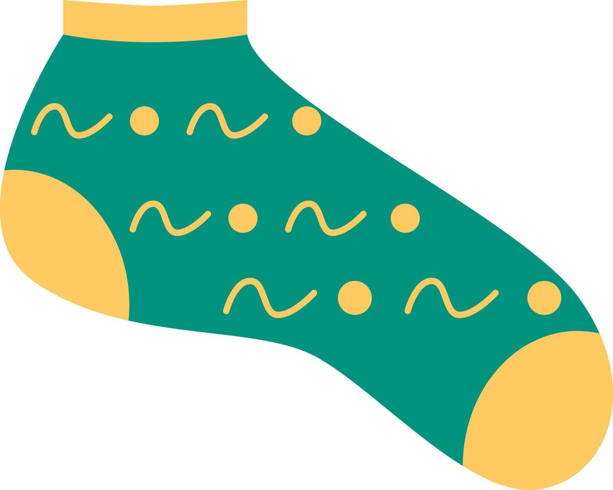 Grüne Socke mit gelben Linien und Punkten, Illustration, Vektor, auf weißem Hintergrund. vektor