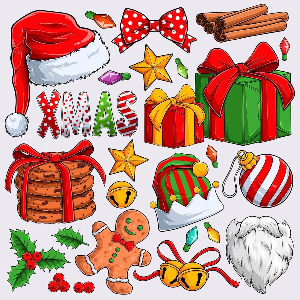 bunte weihnachtselemente setzen weihnachtsmannbart, elfenhut, kekse, geschenke, lebkuchenmann und mehr vektor