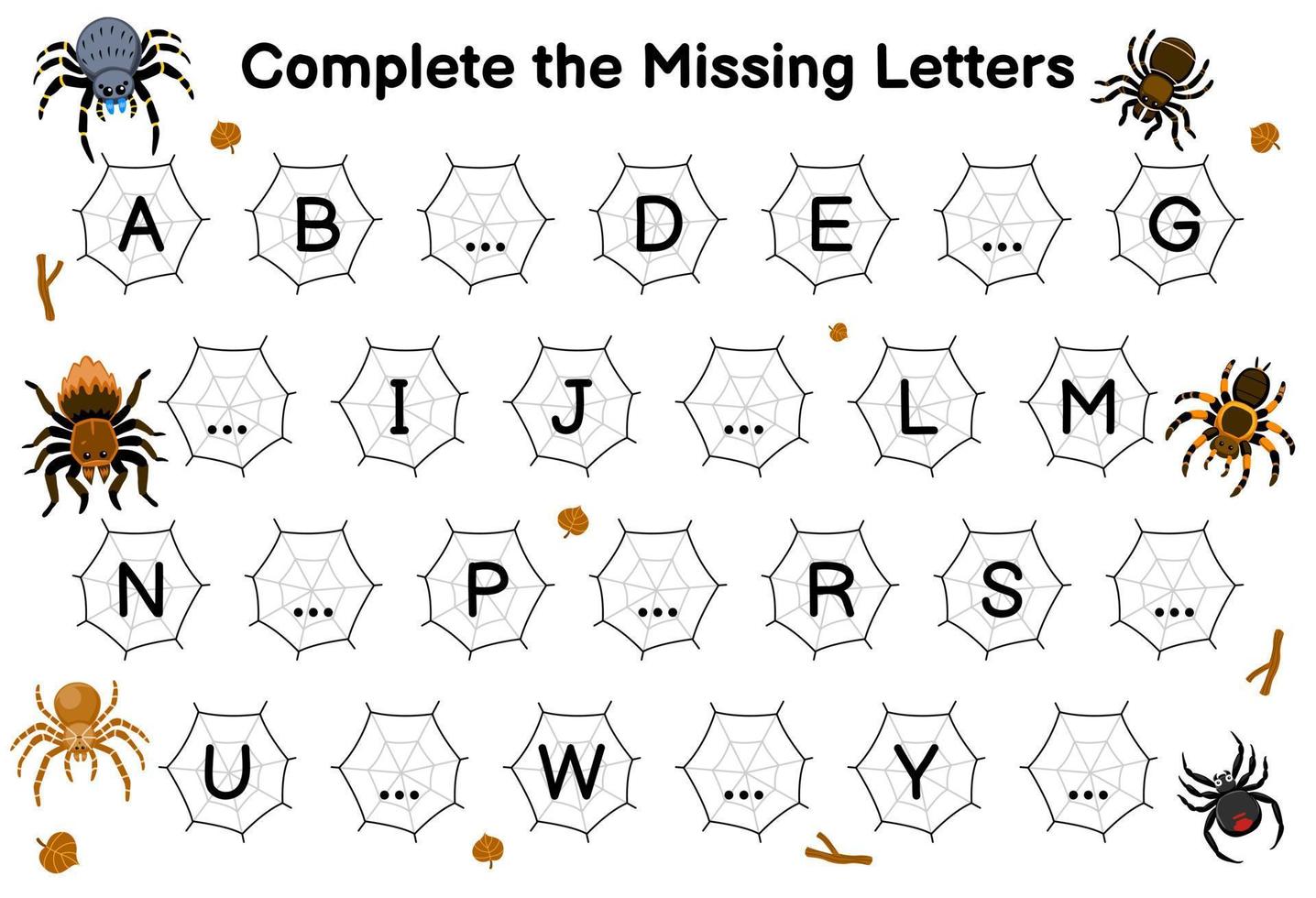 Lernspiel zum Vervollständigen der fehlenden Buchstaben mit einem druckbaren Fehler-Arbeitsblatt mit niedlichem Cartoon-Spinnenbild vektor