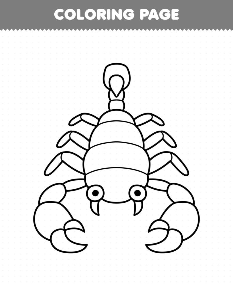 bildungsspiel für kinder malseite des niedlichen cartoon skorpion strichzeichnungen druckbares käferarbeitsblatt vektor