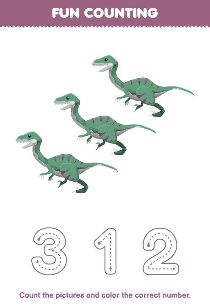 utbildning spel för barn räkna de bilder och Färg de korrekt siffra från söt tecknad serie velociraptor tryckbar förhistorisk dinosaurie kalkylblad vektor