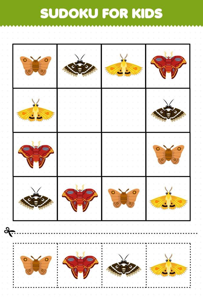 Lernspiel für Kinder Sudoku für Kinder mit niedlichem Cartoon-Motten-Fehler-Arbeitsblatt zum Ausdrucken vektor