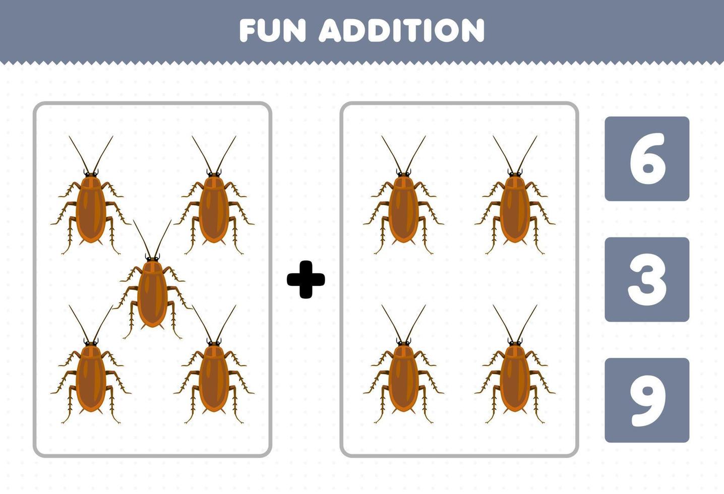 utbildning spel för barn roligt tillägg förbi räkna och välja de korrekt svar av söt tecknad serie kackerlacka tryckbar insekt kalkylblad vektor