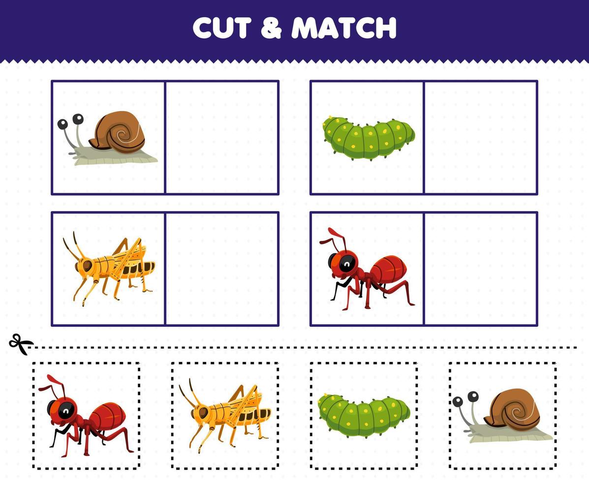 bildungsspiel für kinder schneiden und passen sie das gleiche bild des niedlichen cartoon-schnecken-raupen-heuschrecken-ameisen-druckbaren-käfer-arbeitsblattes an vektor