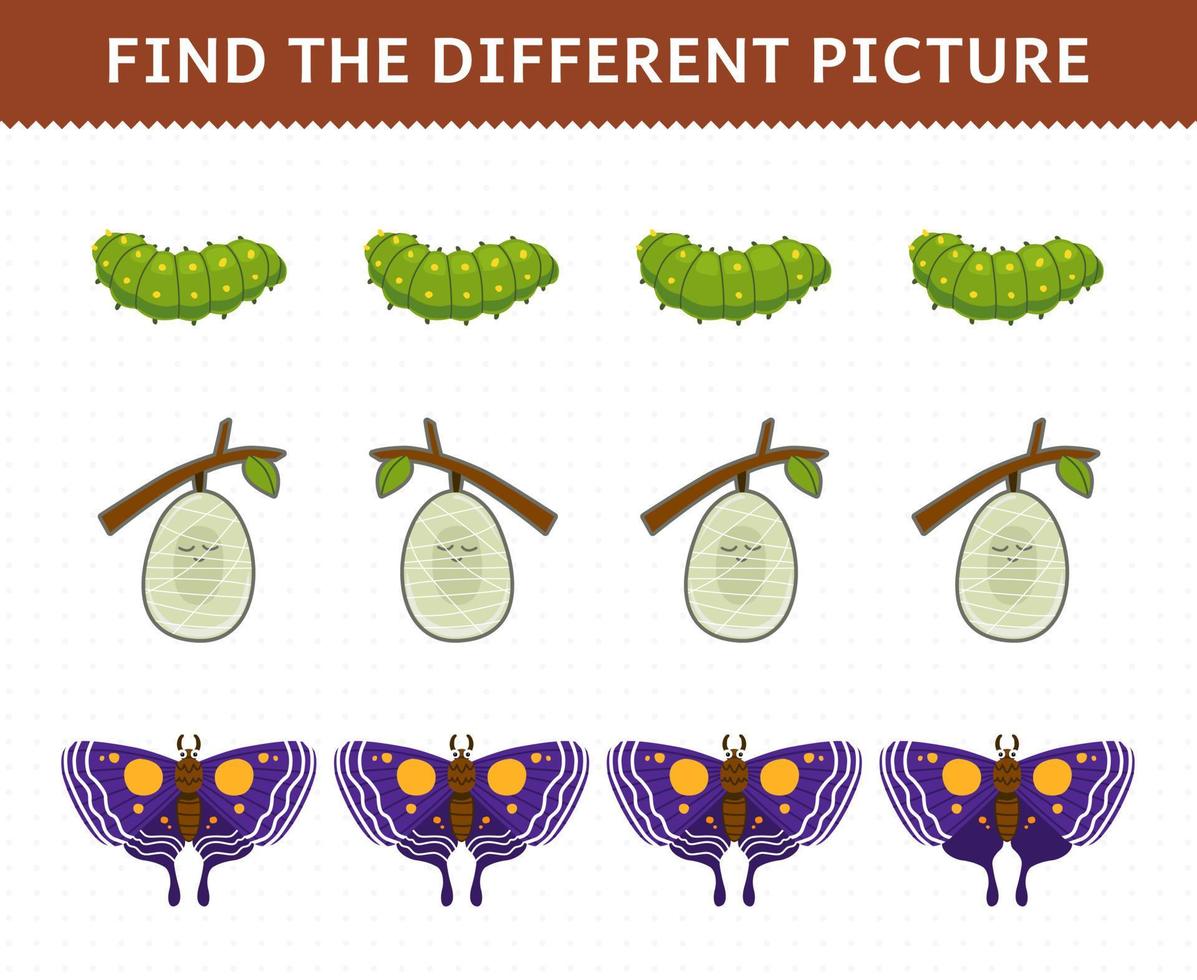 utbildning spel för barn hitta de annorlunda bild i varje rad av söt tecknad serie larv kokong fjäril tryckbar insekt kalkylblad vektor