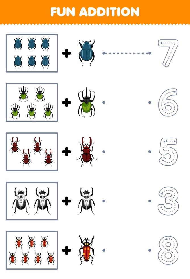 Lernspiel für Kinder, lustige Zugabe von niedlichen Cartoon-Käfern, dann wählen Sie die richtige Zahl, indem Sie das Arbeitsblatt für Fehler nachzeichnen vektor
