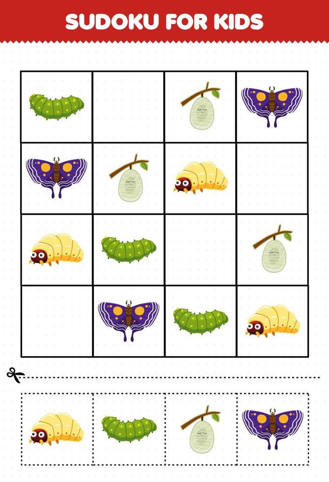 utbildning spel för barn sudoku för barn med söt tecknad serie mask larv kokong fjäril tryckbar insekt kalkylblad vektor