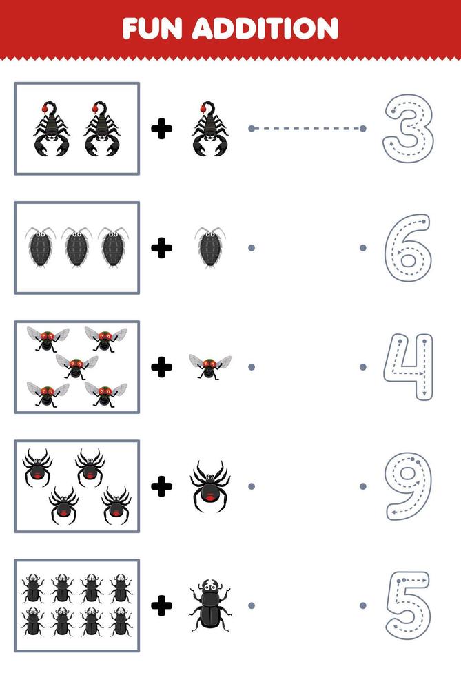 utbildning spel för barn roligt tillägg av söt tecknad serie scorpion lus flyga Spindel skalbagge sedan välja de korrekt siffra förbi spårande de linje insekt kalkylblad vektor