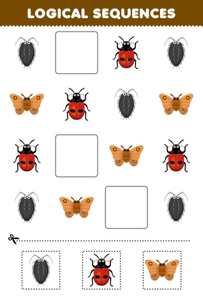 utbildning spel för barn logisk sekvenser för barn med söt tecknad serie lus nyckelpiga fjäril tryckbar insekt kalkylblad vektor