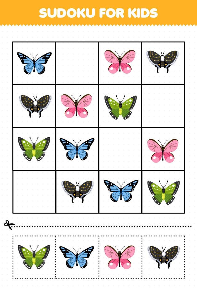 Lernspiel für Kinder Sudoku für Kinder mit niedlichem Cartoon-Schmetterling zum Ausdrucken vektor