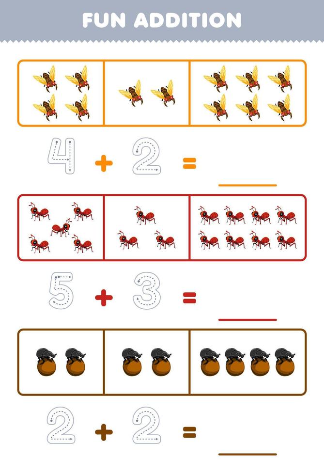 Lernspiel für Kinder, lustige Ergänzung durch Zählen und Verfolgen der Anzahl der niedlichen Cartoon-Zikaden-Ameisenkäfer, druckbares Fehler-Arbeitsblatt vektor
