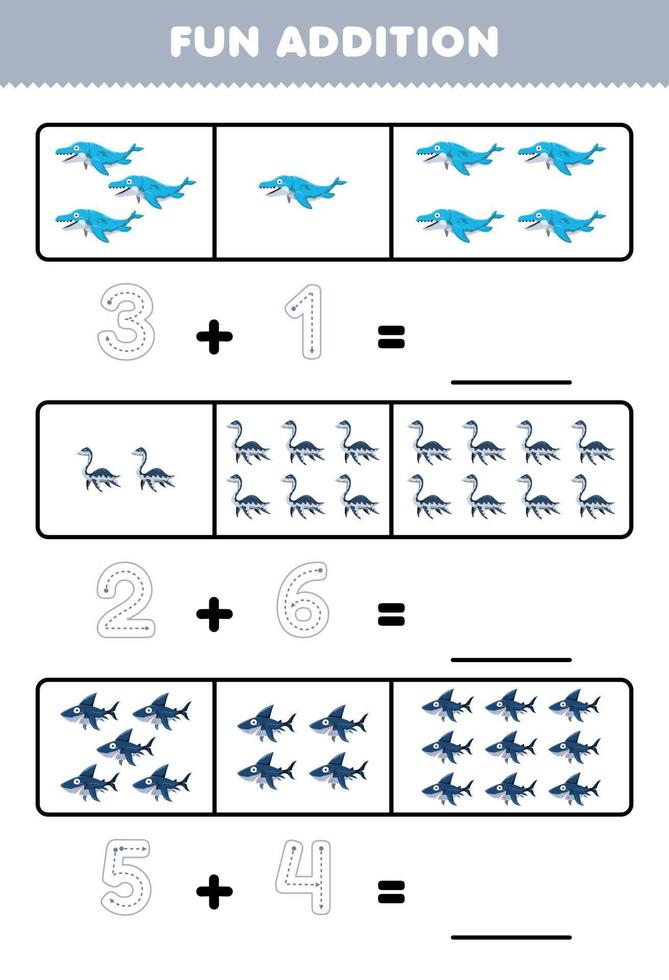 utbildning spel för barn roligt tillägg förbi räkning och spårande de siffra av söt tecknad serie mosasaurus plesiosaurus megalodon tryckbar förhistorisk dinosaurie kalkylblad vektor