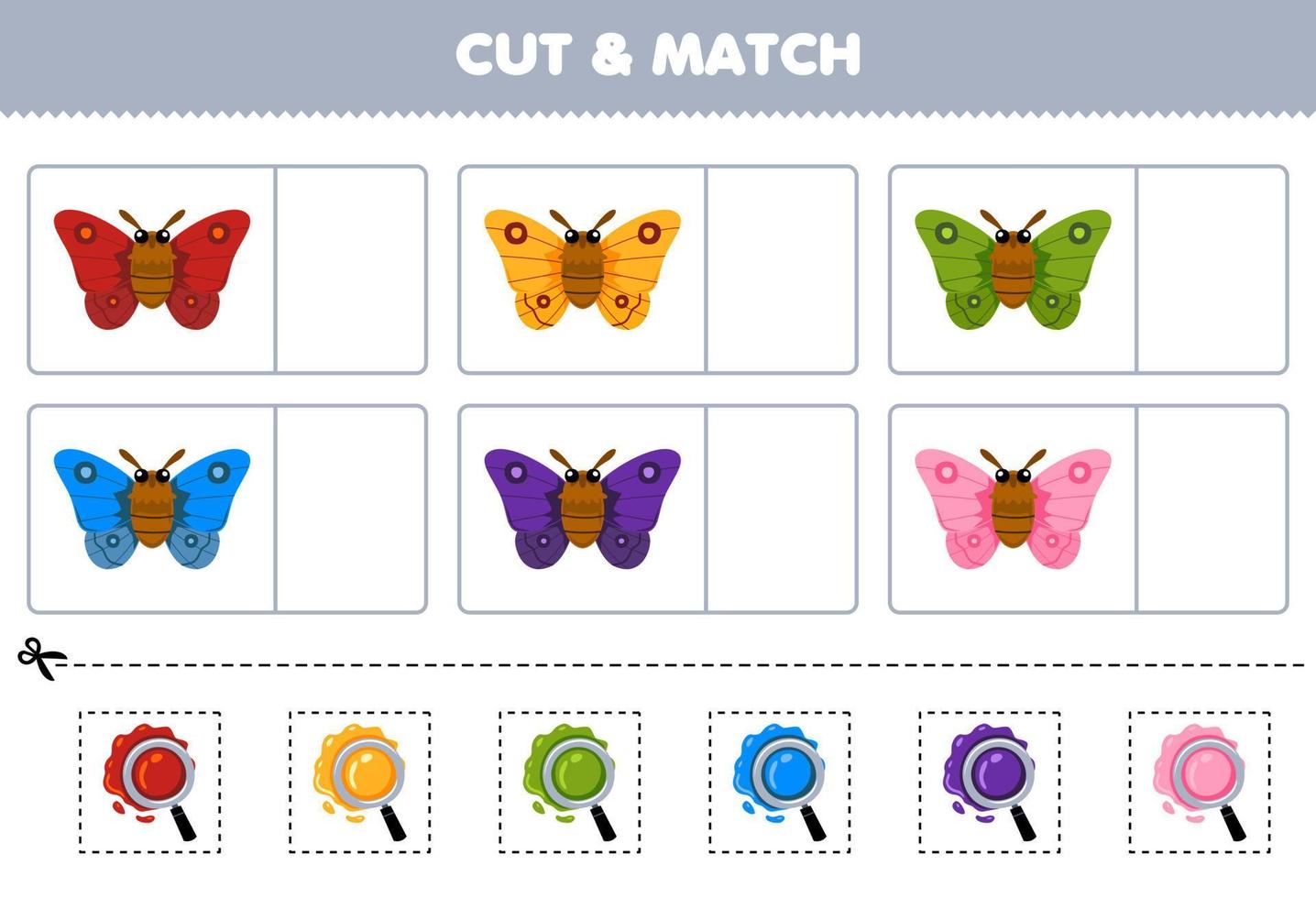 Bildungsspiel für Kinder Schneiden und passen Sie die gleiche Farbe des druckbaren Käfer-Arbeitsblatts der niedlichen Cartoon-Motte an vektor