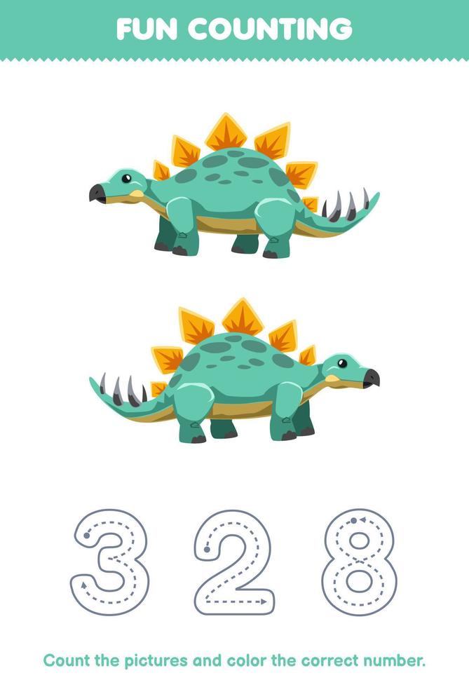 utbildning spel för barn räkna de bilder och Färg de korrekt siffra från söt tecknad serie stegosaurus tryckbar förhistorisk dinosaurie kalkylblad vektor