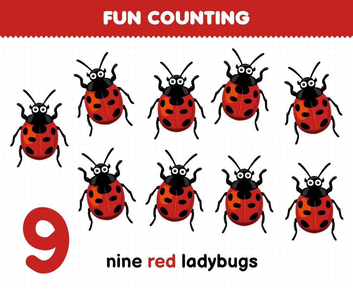 utbildning spel för barn roligt räkning nio röd Nyckelpigor tryckbar insekt kalkylblad vektor