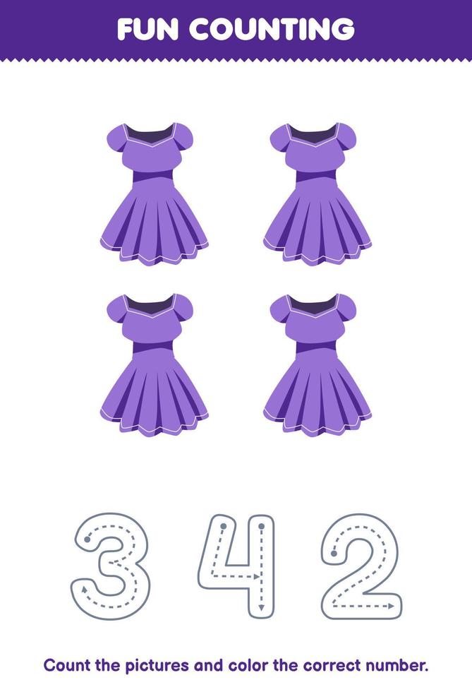 utbildning spel för barn räkna de bilder och Färg de korrekt siffra från tecknad serie lila klänning tryckbar wearable kläder kalkylblad vektor