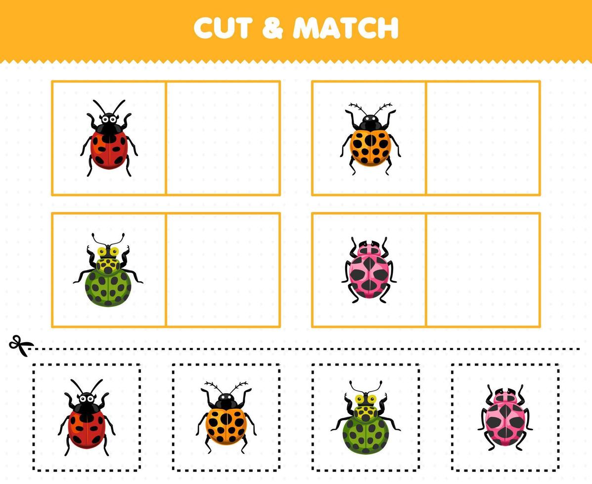 utbildning spel för barn skära och match de samma bild av söt tecknad serie nyckelpiga tryckbar insekt kalkylblad vektor