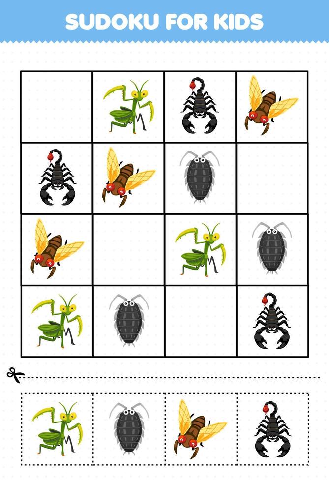 utbildning spel för barn sudoku för barn med söt tecknad serie bönsyrsa gråsugga cikada scorpion tryckbar insekt kalkylblad vektor