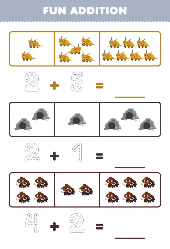 utbildning spel för barn roligt tillägg förbi räkning och spårande de siffra av söt tecknad serie xenoceratops grotta mammut tryckbar förhistorisk dinosaurie kalkylblad vektor