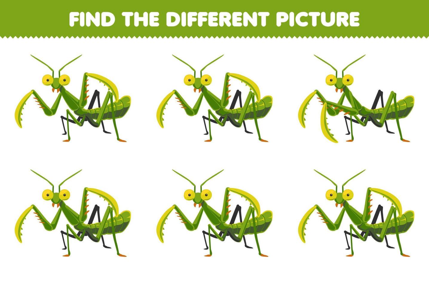 utbildning spel för barn hitta de annorlunda bild av söt tecknad serie bönsyrsa tryckbar insekt kalkylblad vektor