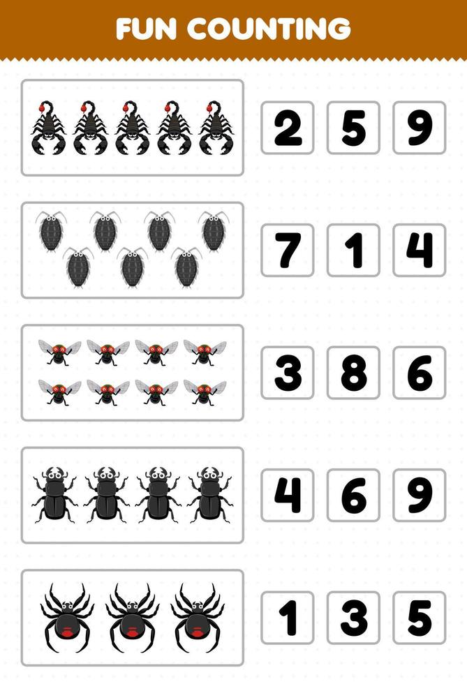 utbildning spel för barn roligt räkning och välja de korrekt siffra av söt tecknad serie scorpion lus flyga skalbagge Spindel tryckbar insekt kalkylblad vektor