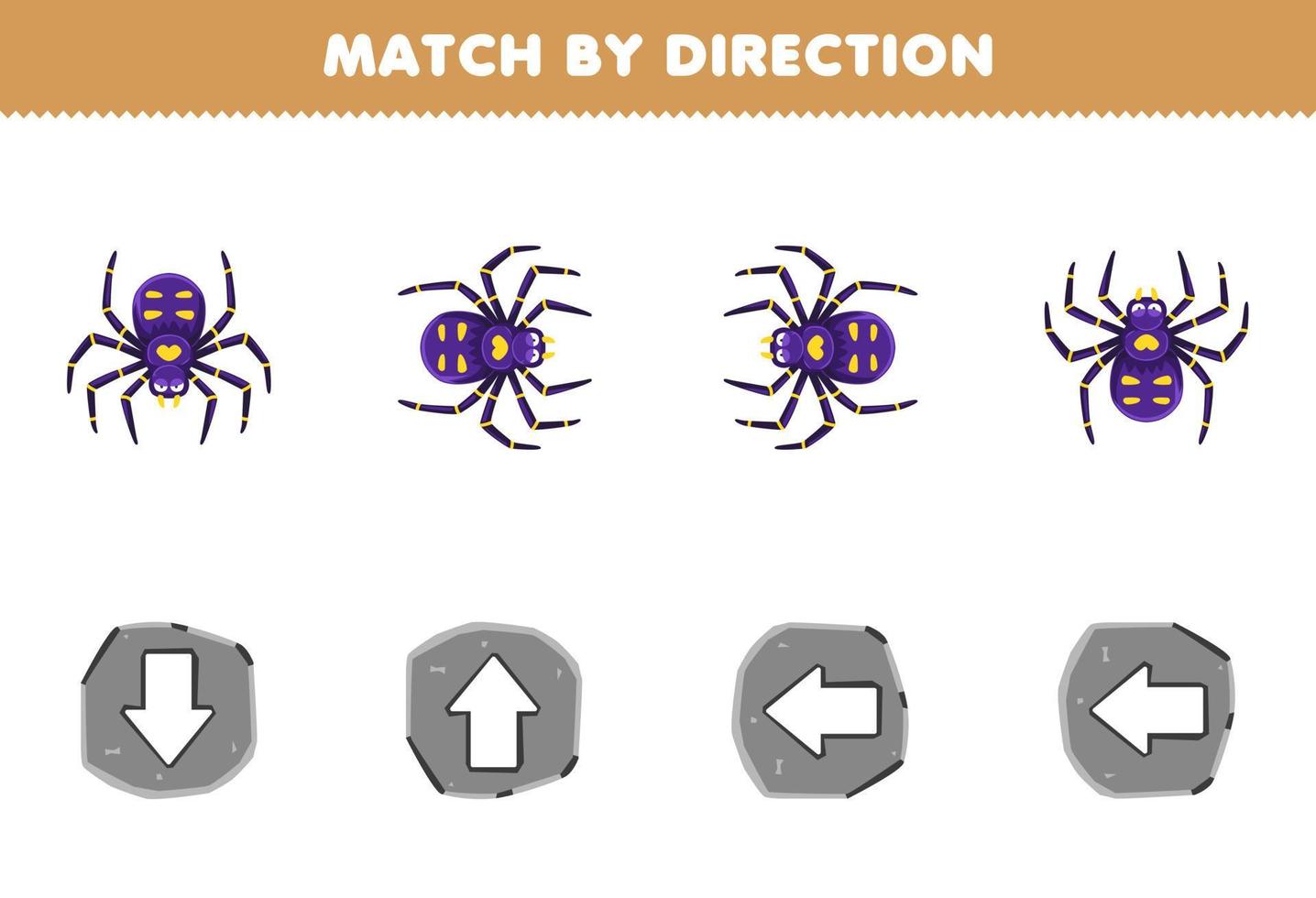 utbildning spel för barn match förbi riktning vänster rätt upp eller ner orientering av söt tecknad serie Spindel tryckbar insekt kalkylblad vektor