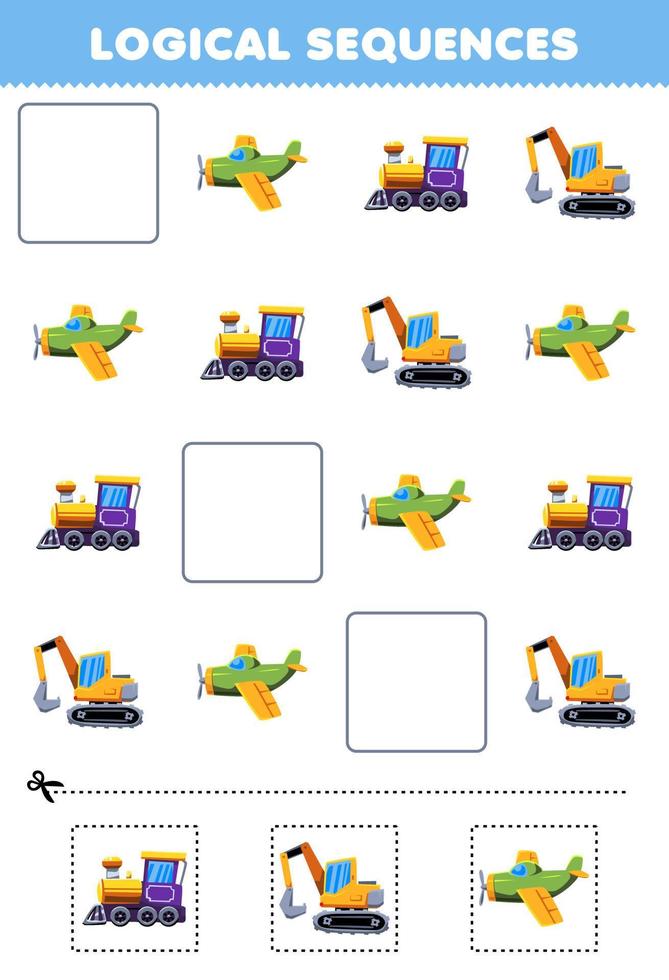 utbildning spel för barn logisk sekvenser för barn med söt tecknad serie flygplan lokomotiv tåg grävmaskin tryckbar transport kalkylblad vektor